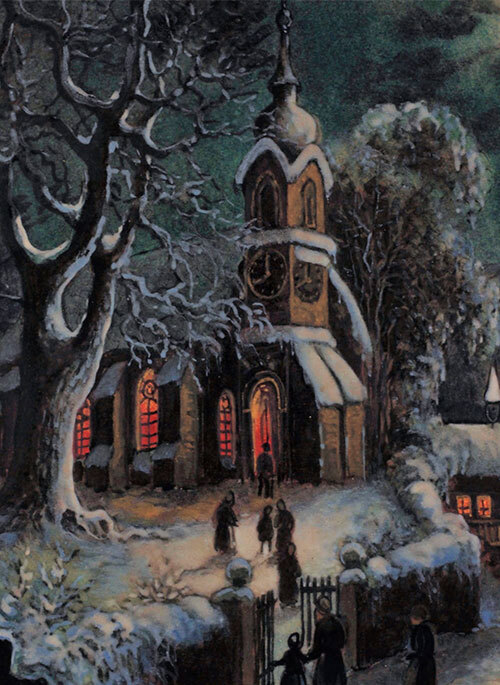 Cristãos indo à Missa do Galo. Pintura de Robert Sarlandie.