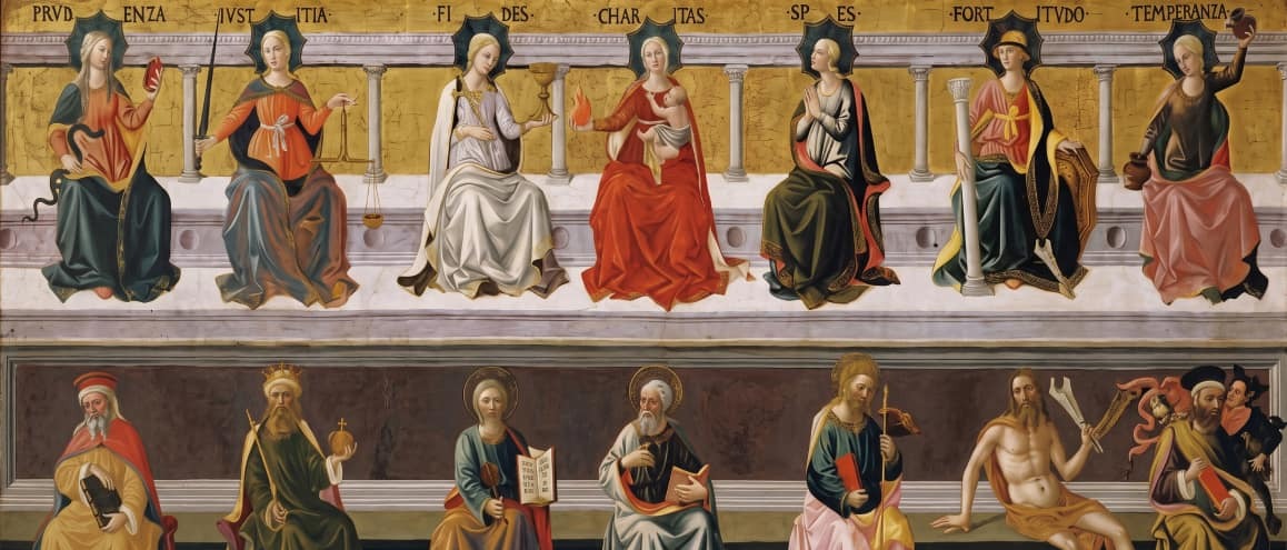 Detalhe de “Sete virtudes”: nesta pintura de Francesco Pesellino, vão representadas as virtudes cardeais, ou humanas, e as três virtudes teologais.