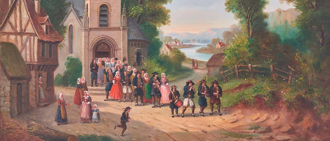 Fiéis saindo de uma igreja na França após um casamento. Pintura de Jean Marie Phalibois.