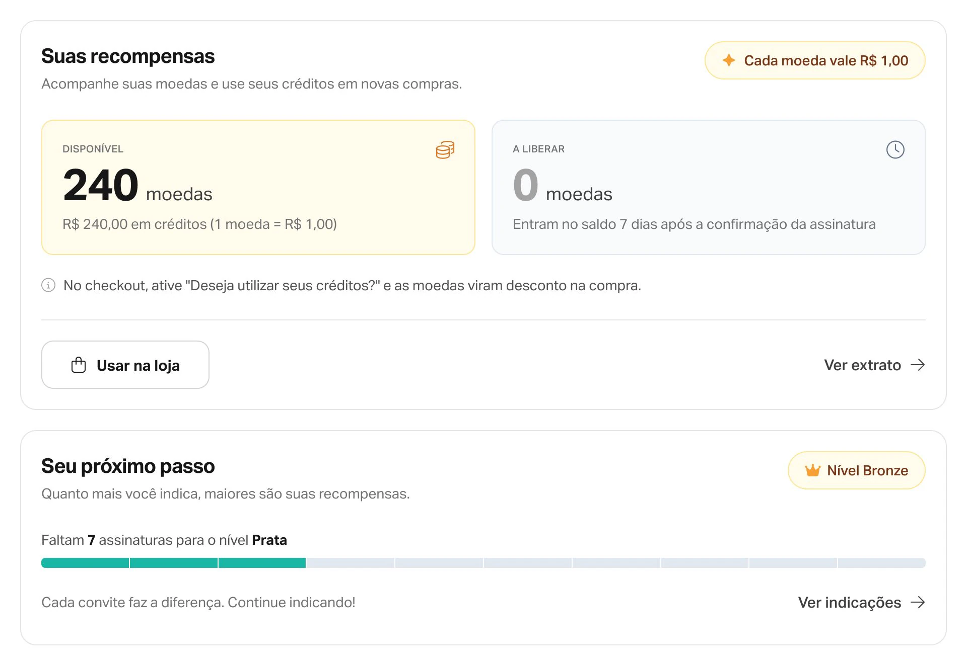 Tela do Convide e Ganhe com saldo de moedas, extrato e progresso para o próximo nível