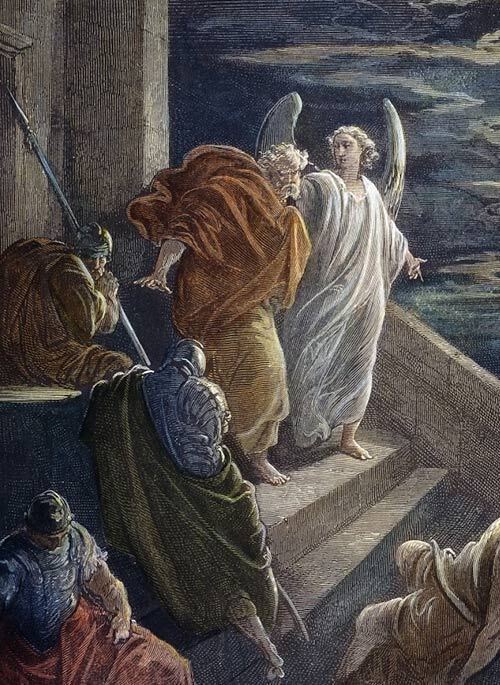“São Pedro é libertado da prisão por um anjo do Senhor”. Gravura de Gustave Doré.