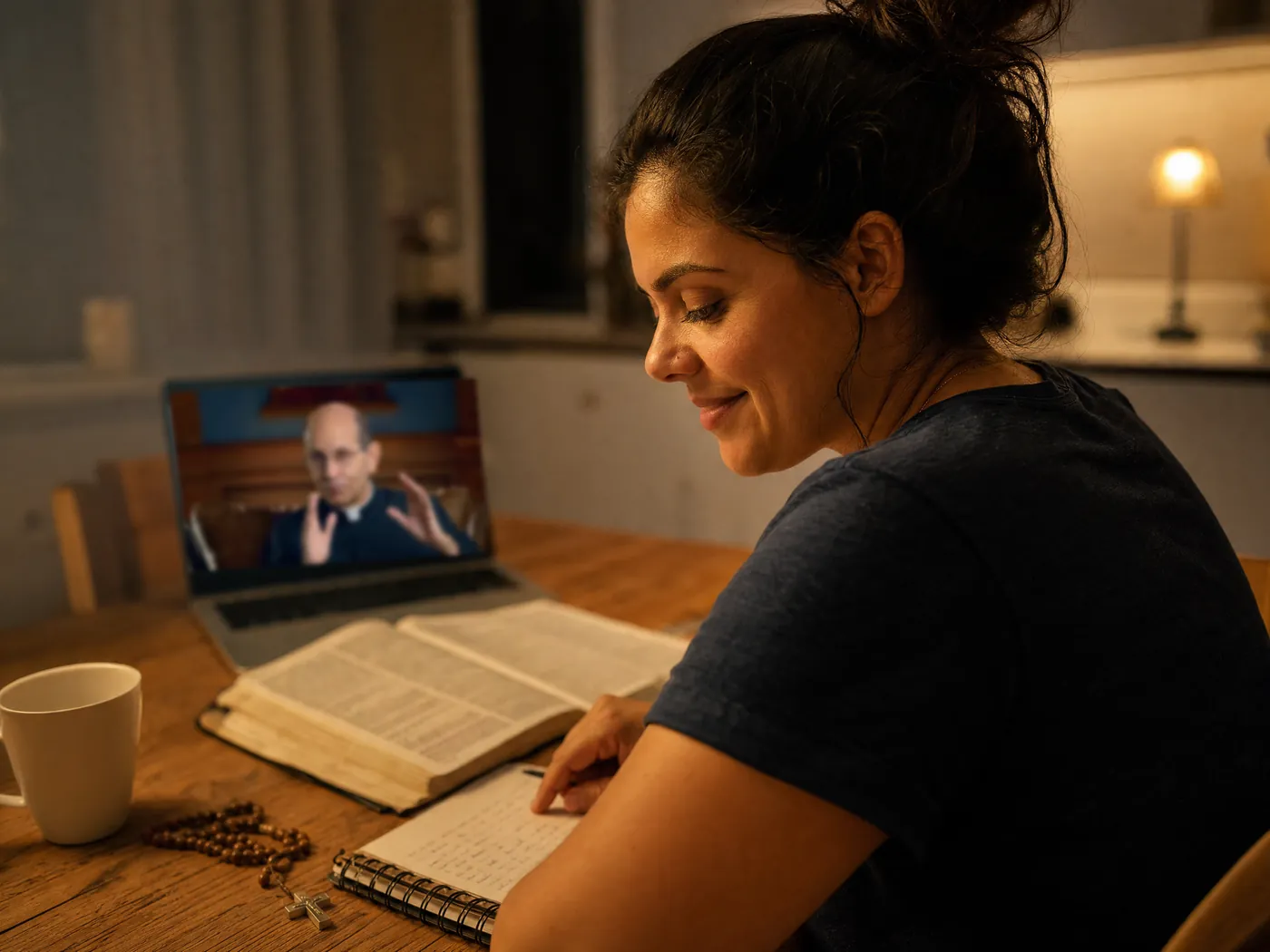 Mulher estudando a fé em casa, com Bíblia, caderno e terço sobre a mesa