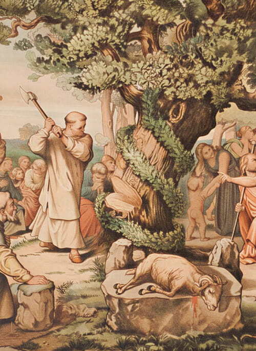 São Bonifácio cortando o carvalho de Thor. Gravura de Peter J. N. Geiger.